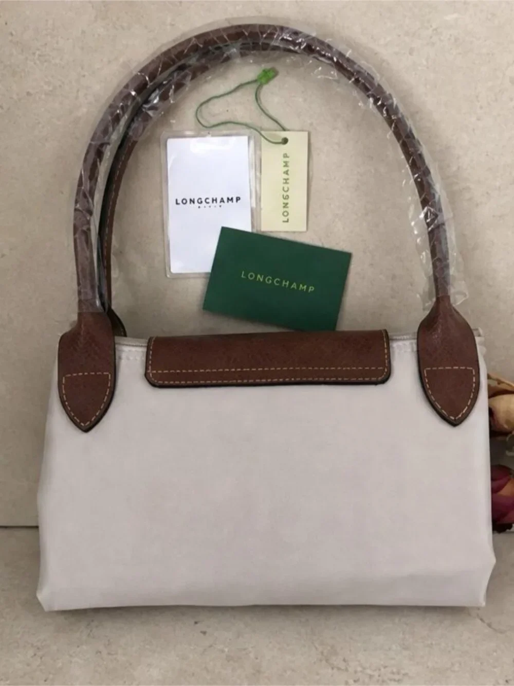 Longchamp Light Gray Tote with Brown Leather Trim